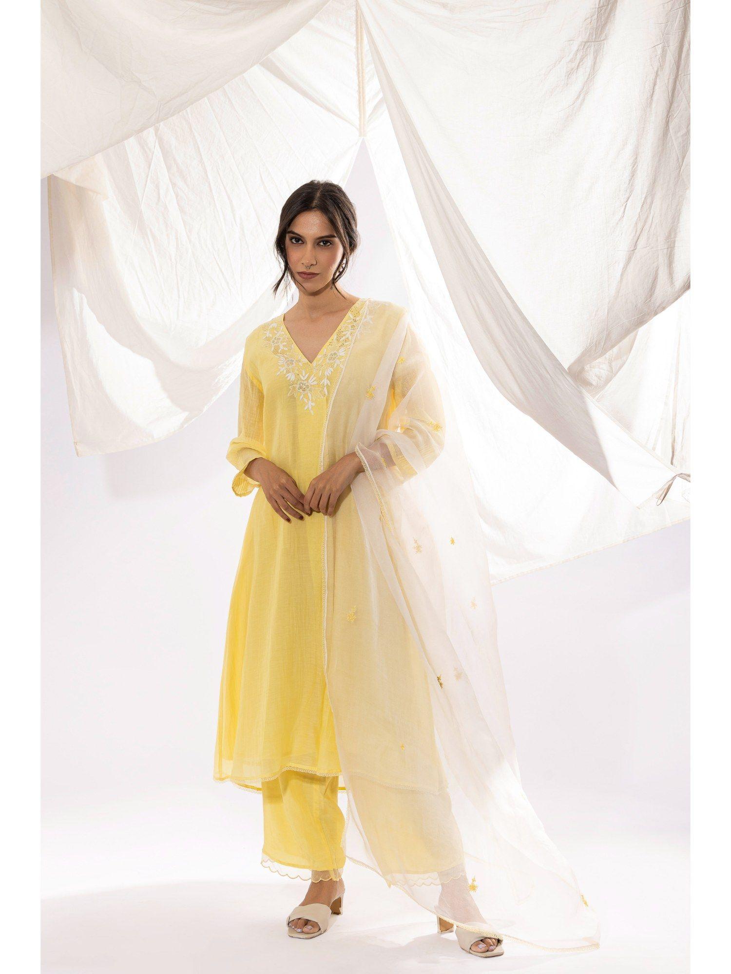 light yellow chanderi mull chikan kurta with pant & dupatta (set of 3)