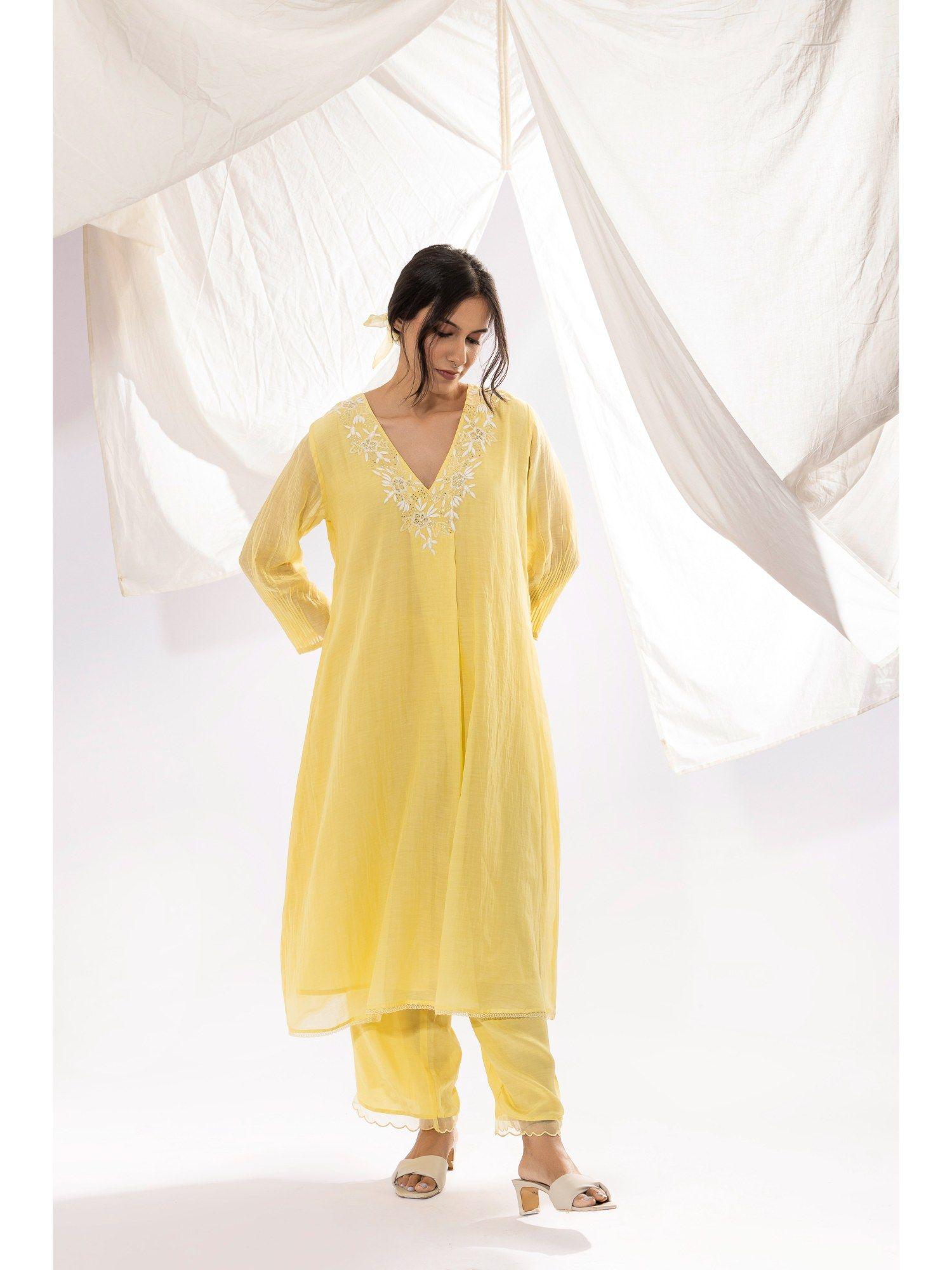 light yellow chanderi mull chikan kurta with pant (set of 2)