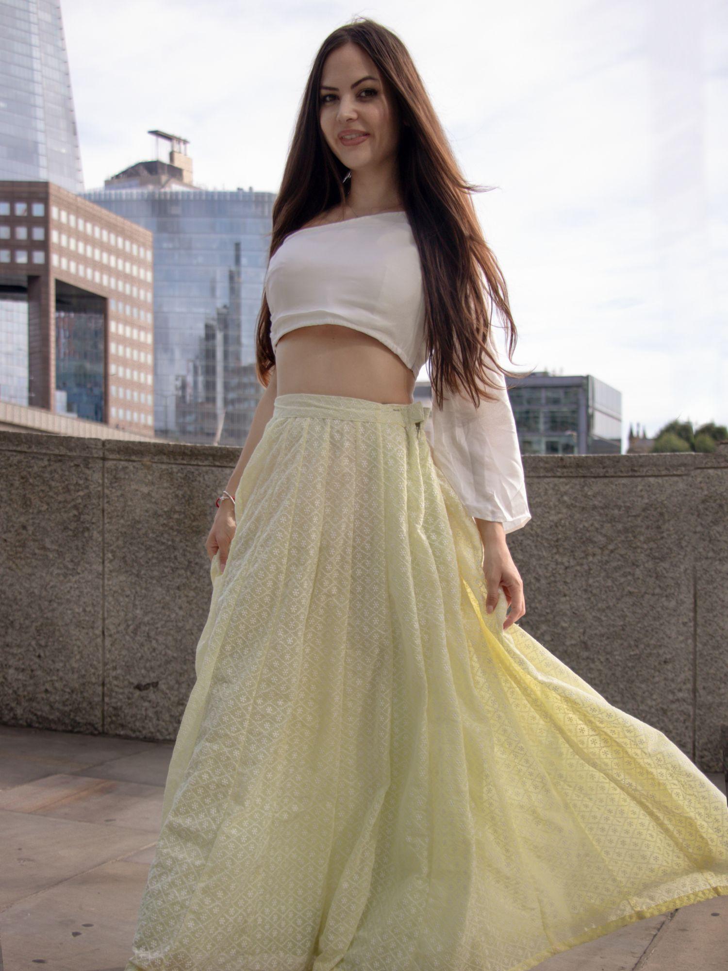 light yellow chikankari skirt with crop top (set of 2)