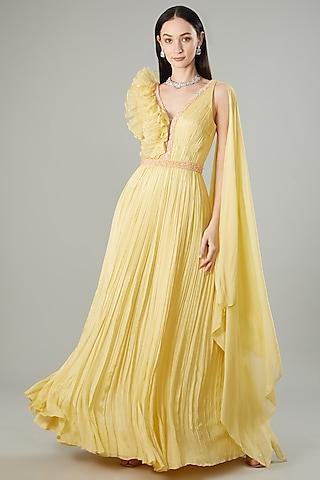 light yellow chinon chiffon hand embroidered draped gown with belt