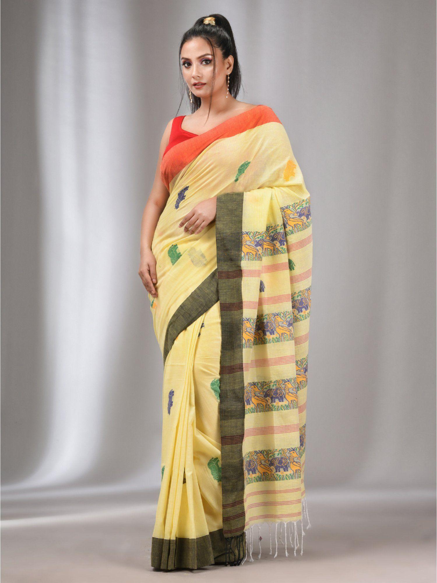 light yellow cotton handwoven saree with animal designs with unstitched blouse