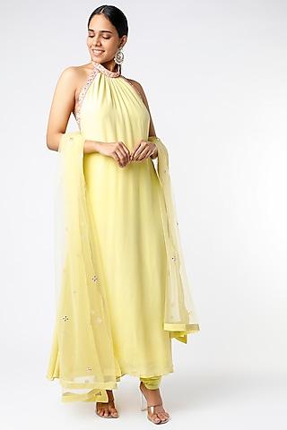 light yellow embroidered flared kurta set