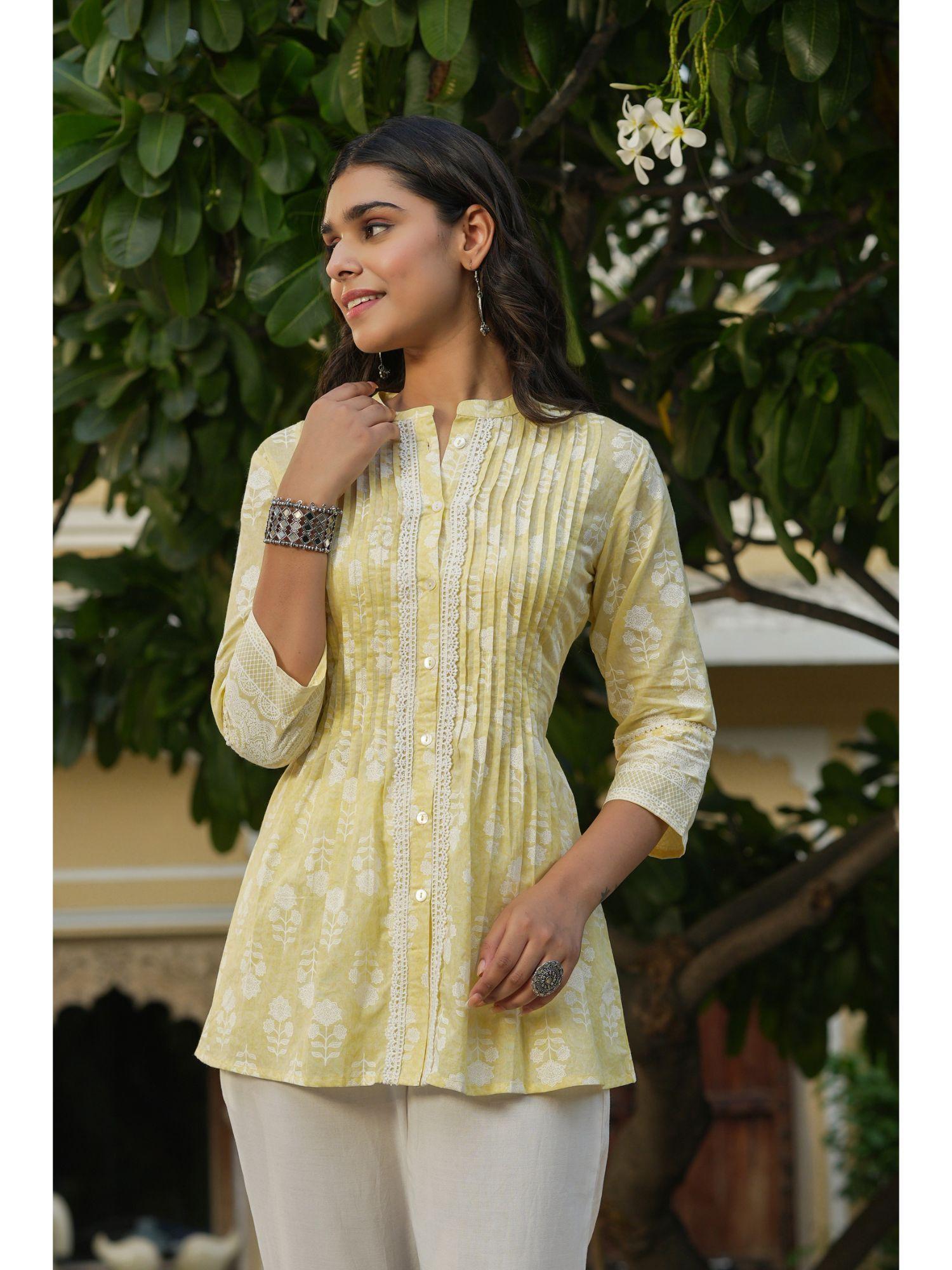 light yellow ethnic motif pure cotton tunic with lace work