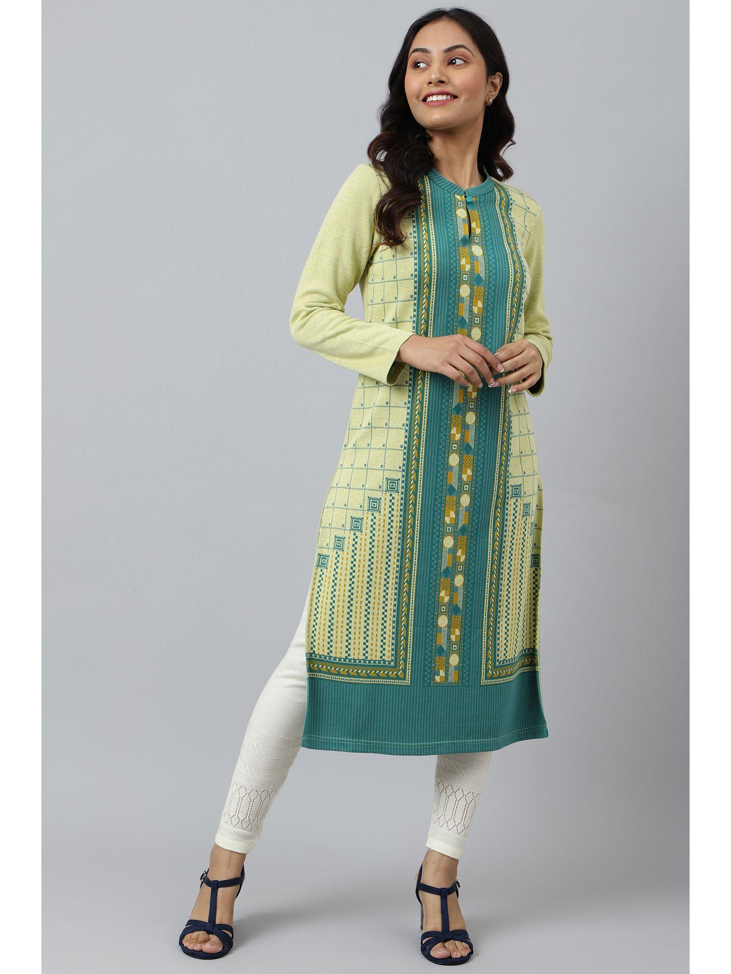 light yellow ethnic winter kurta in band collar