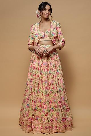 light yellow french crepe printed jacket lehenga set