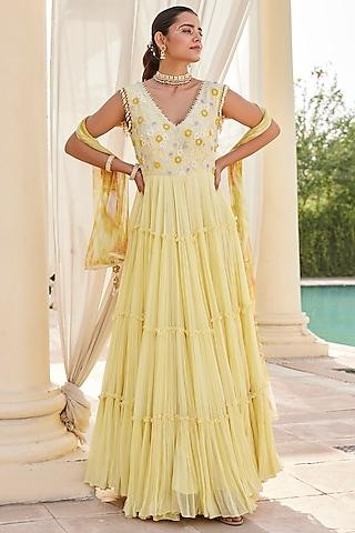 light yellow georgette embroidered gown