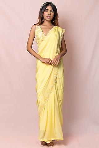 light yellow hand embroidered saree set