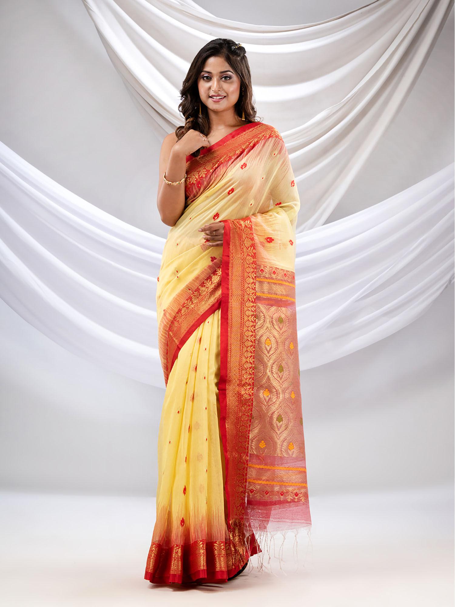 light yellow handwoven saree with zari woven nakshi border with unstitched blouse