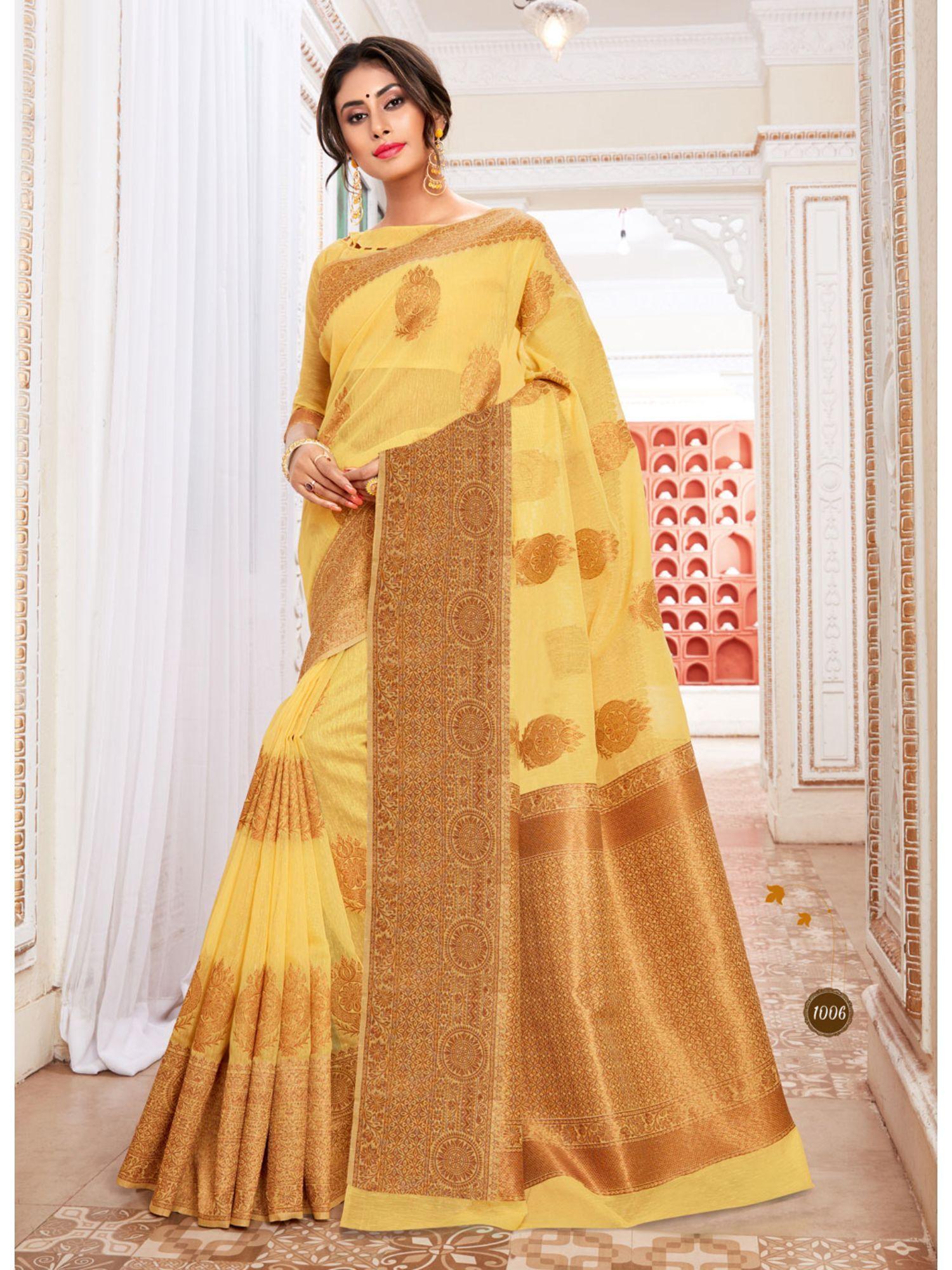 light yellow linen cotton woven work traditional saree with unstitched blouse