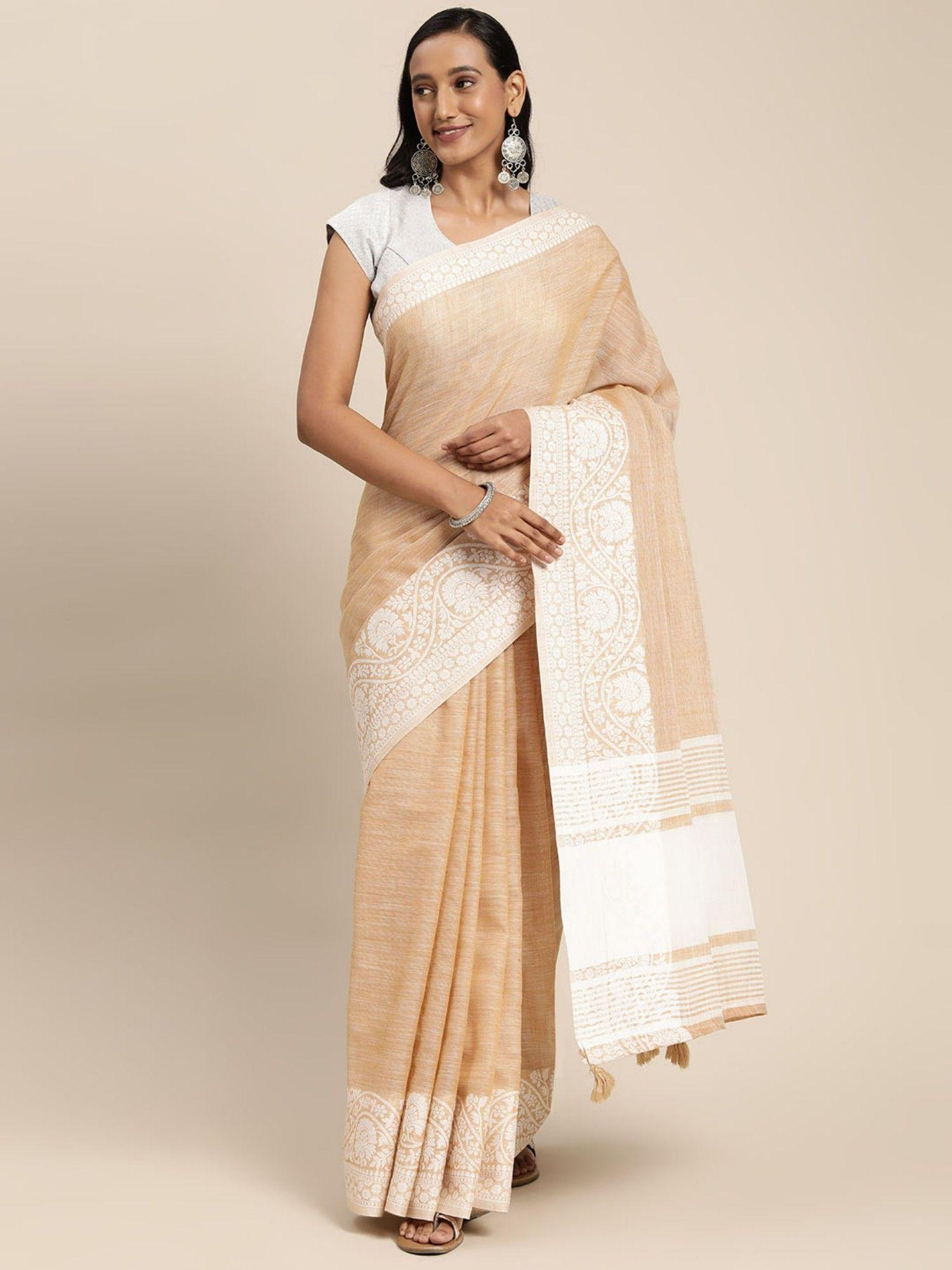 light yellow linen woven zari work tassle saree with unstitched blouse with unstitched