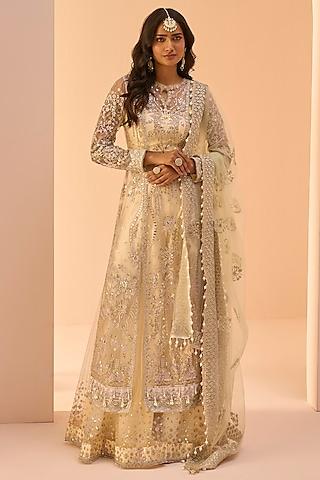 light yellow net sequins embroidered anarkali set