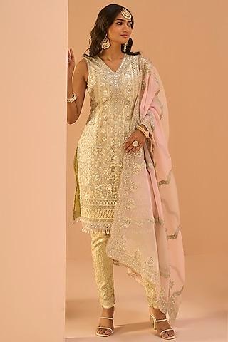 light yellow net sequins embroidered kurta set