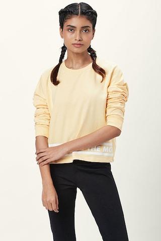 light yellow printed active wear full sleeves round neck women regular fit sweatshirt