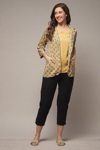 light yellow printed casual 3/4th sleeves regular collar women straight fit jacket