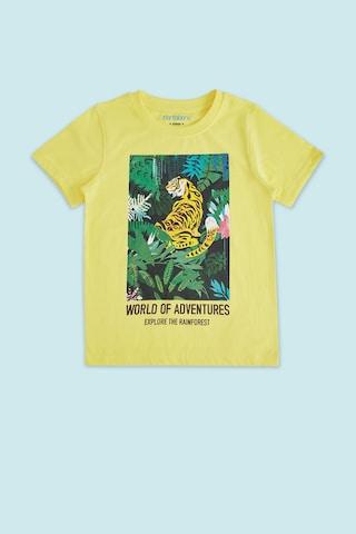 light yellow printed casual half sleeves round neck boys regular fit t-shirt
