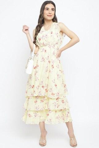 light yellow printed v neck casual ankle-length sleeveless women regular fit dress