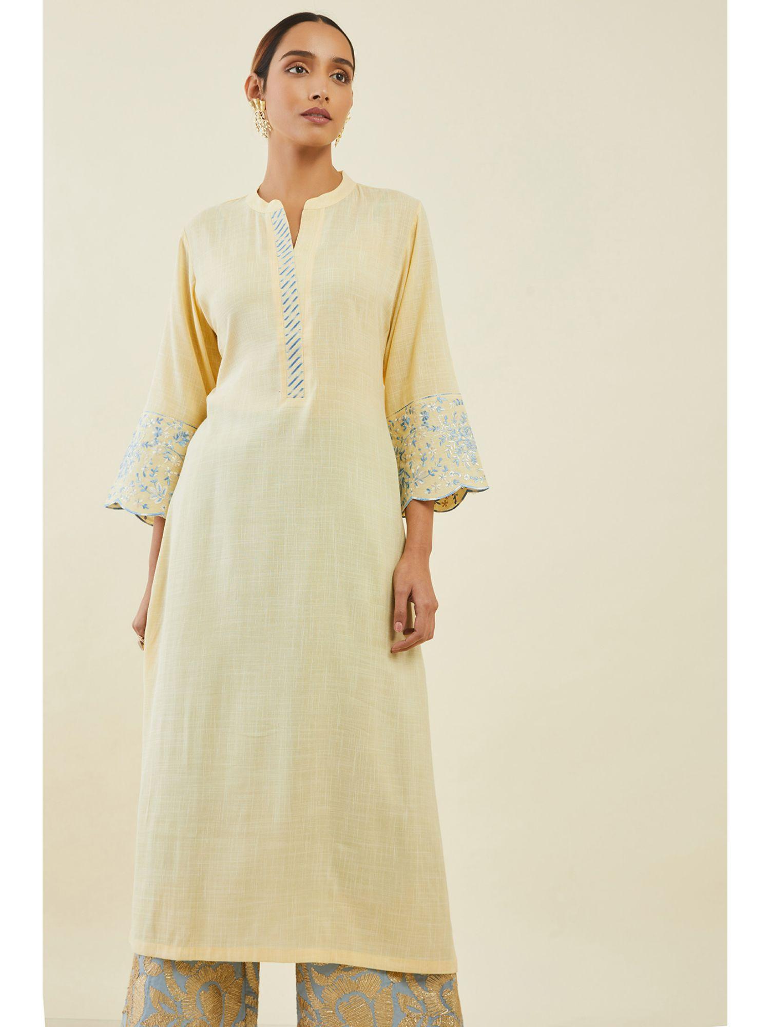 light yellow rayon straight kurta with floral embroidery and scallop designs