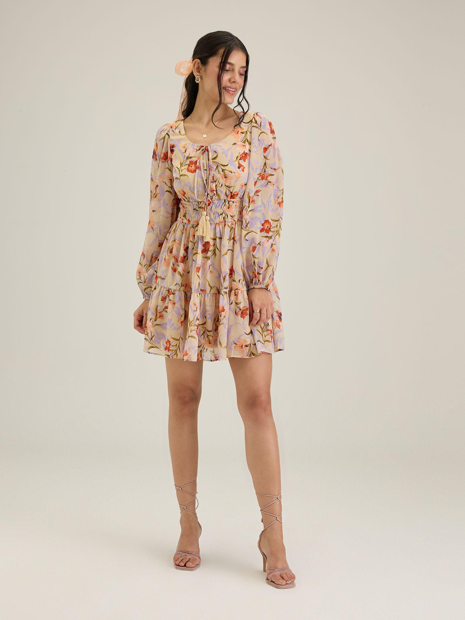 light yellow ruffles round neck floral short dress