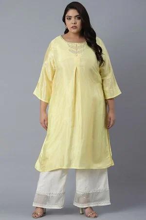 light yellow shantung kurta in metallic embroidery