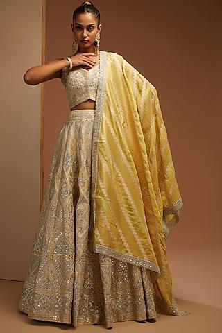 light yellow slub silk embroidered lehenga set