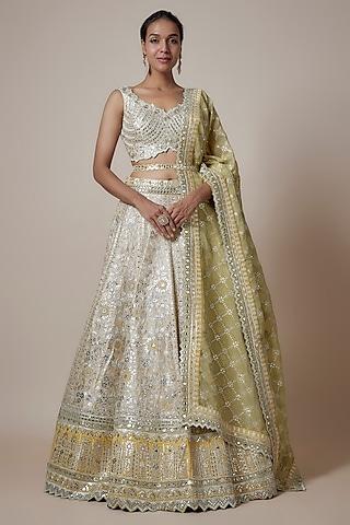 light yellow slub silk zari & mirror embroidered lehenga set