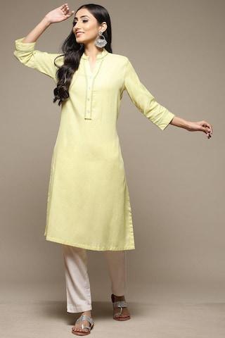 light yellow solid casual mandarin 3/4th sleeves women straight fit kurta