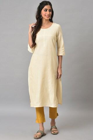 light yellow solid casual round neck 3/4th sleeves calf-length women regular fit kurta