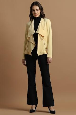 light yellow solid polyester notch lapel women regular fit blazers