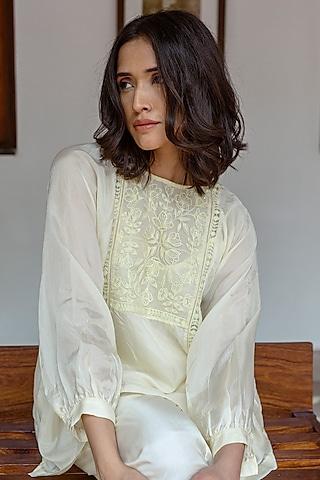 light yellow viscose tabby hand embroidered top