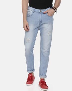 lightly distress slim jeans with pockets