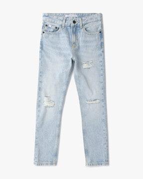 lightly washed distressed straight jeans