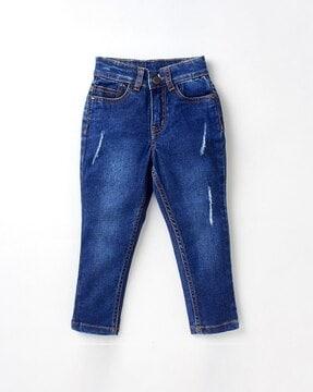 lightly washed distressed sustainable straight fit jeans