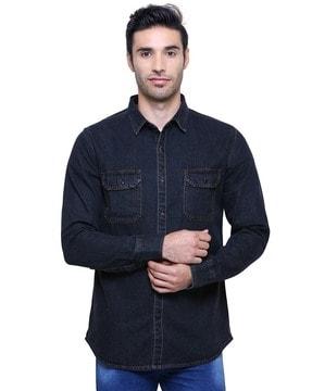 lightly washed slim fit shirt with flap pockets