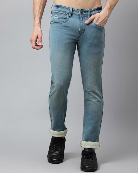 lightly washed straight jeans with insert pockets