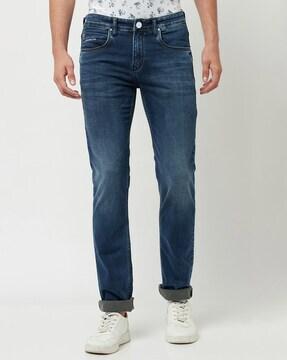 lightly washed straight jeans with insert pockets