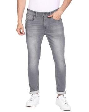 lightly washed tapered fit jeans