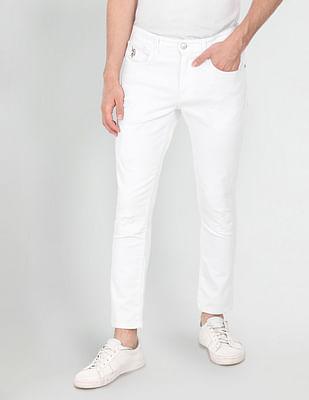 lightly distressed henry tapered cropped fit jeans