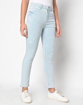 lightly distressed straight fit jeans