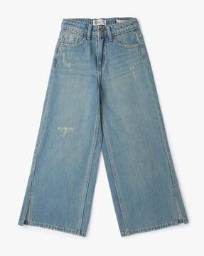 lightly distressed wide leg jeans