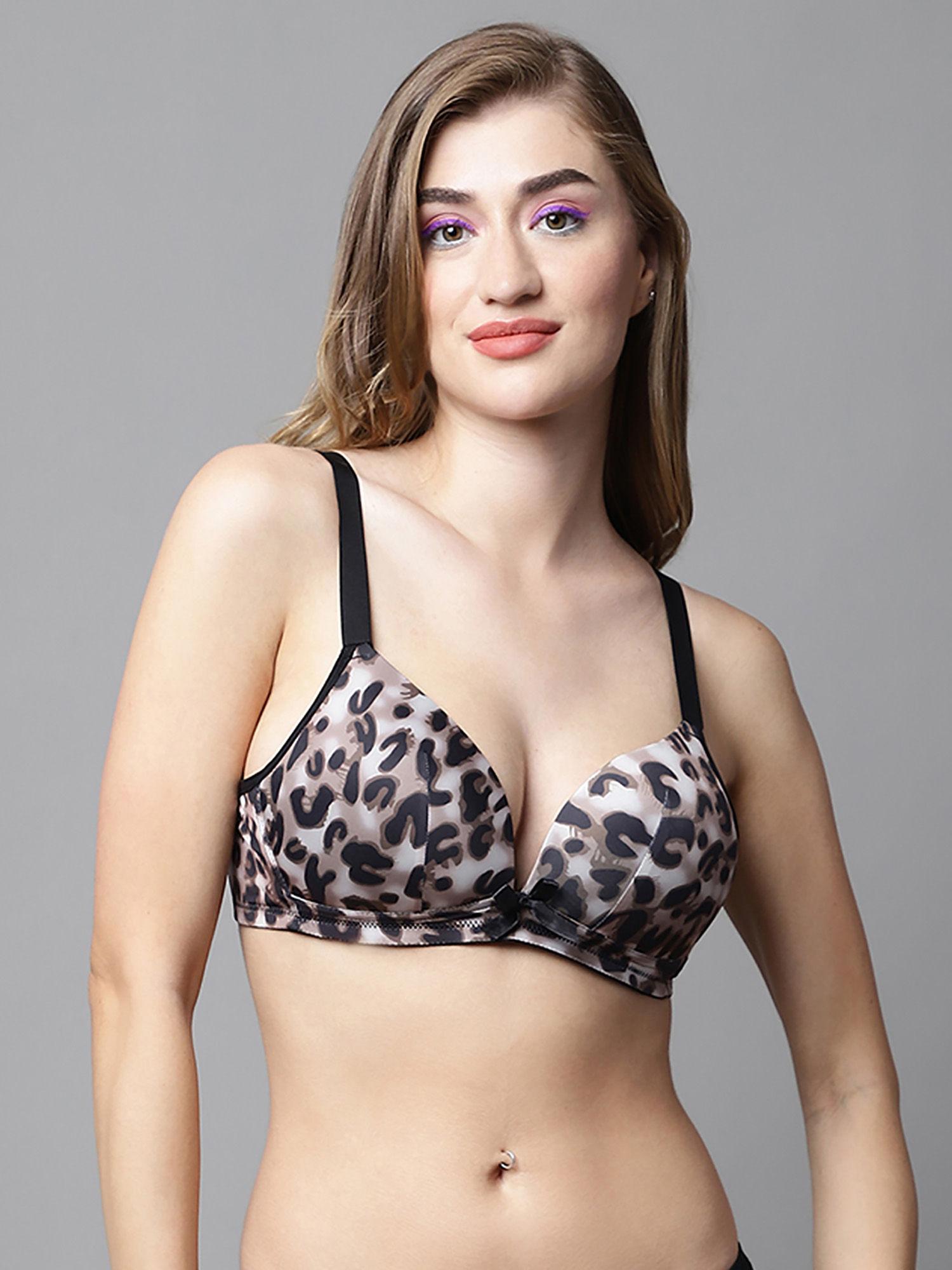 lightly padded non-wired demi cup animal print plunge bra