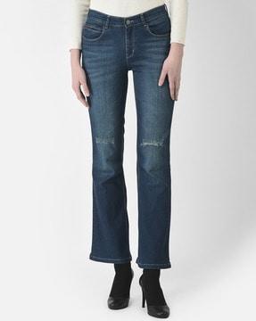 lightly wash knit slit wide-leg jeans