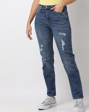 lightly washed & distressed straight fit jeans