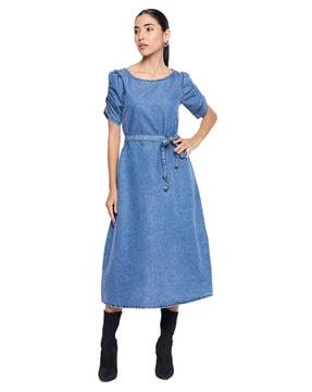 lightly-washed a-line dress with tie-up belt