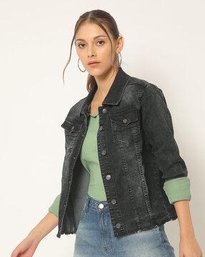 lightly washed biker jacket with frayed hemline