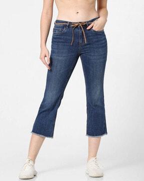 lightly washed cropped jeans with frayed hems