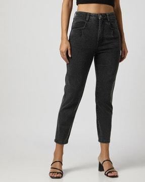 lightly washed cropped mom fit jeans