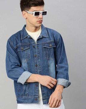 lightly washed denim jacket with flap pockets