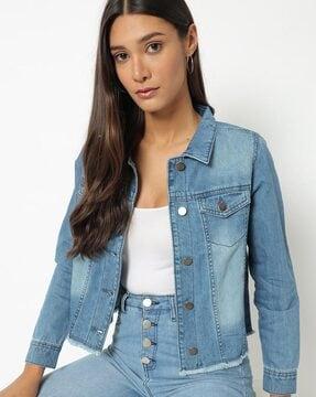 lightly washed denim jacket with frayed hemline