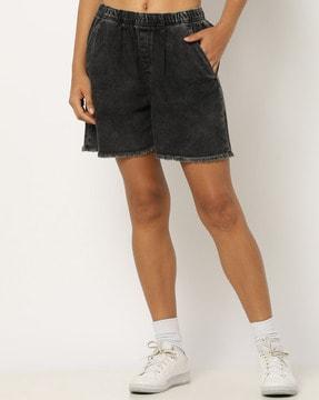 lightly washed denim shorts with frayed hems