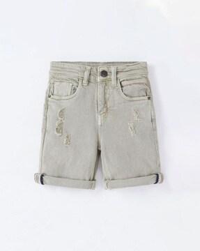 lightly washed distressed denim shorts